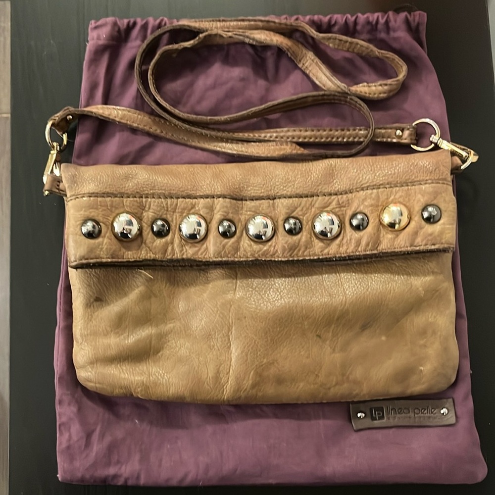 Linea Pelle brown leather and metal hardware crossbody purse